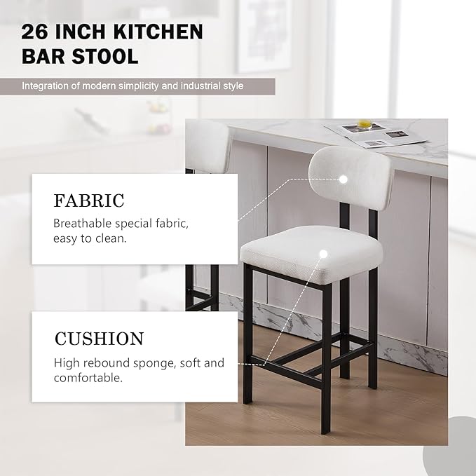 Modern Counter Stools Set of 4, 26" Upholstered Barstools with Back, Sturdy Black Metal Legs Dining Stools with Footrest for Home Pub Kitchen, Cream