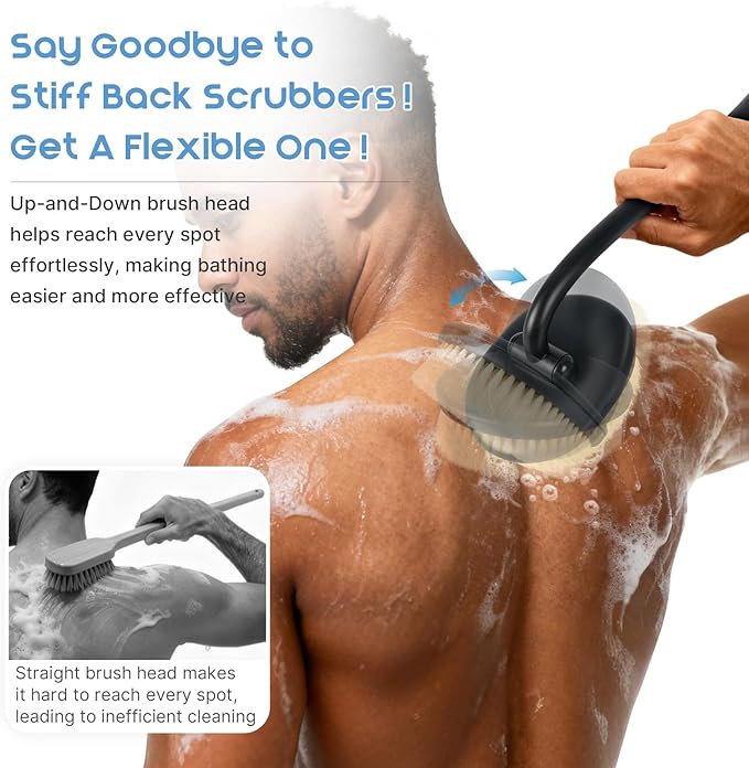 Flexible Up-Down Movement Back Scrubber for Shower for Men & Women, 3 Detachable Back Brush Heads Includes Silicone Body Scrubber, Sponge Bath Brush & Bristle Shower Brush, Wet/Dry Brush, Black