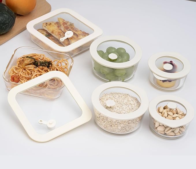 Urban Green Glass Food Container Set with Glass Lid (White Sand-6P)