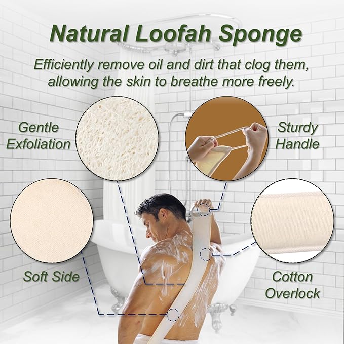 Natural Loofah Sponge, Exfoliating Body Scrubber for Men Women, Loofah with Handle, Exfoliating Back Scrubber for Shower Set, Deeply Clean & Invigorate Your Skin (1 pcs in Box)