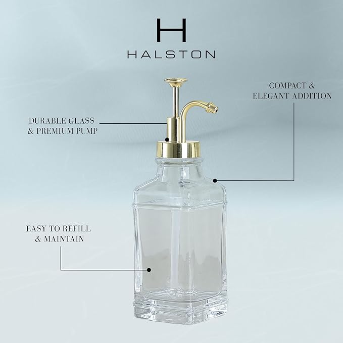 Clear Glass Soap Dispenser with Brushed Gold Finish Pump, Modern Refillable Pump for Bathroom, Kitchen, or Office, Elegant Accent Piece for Interior Decoration