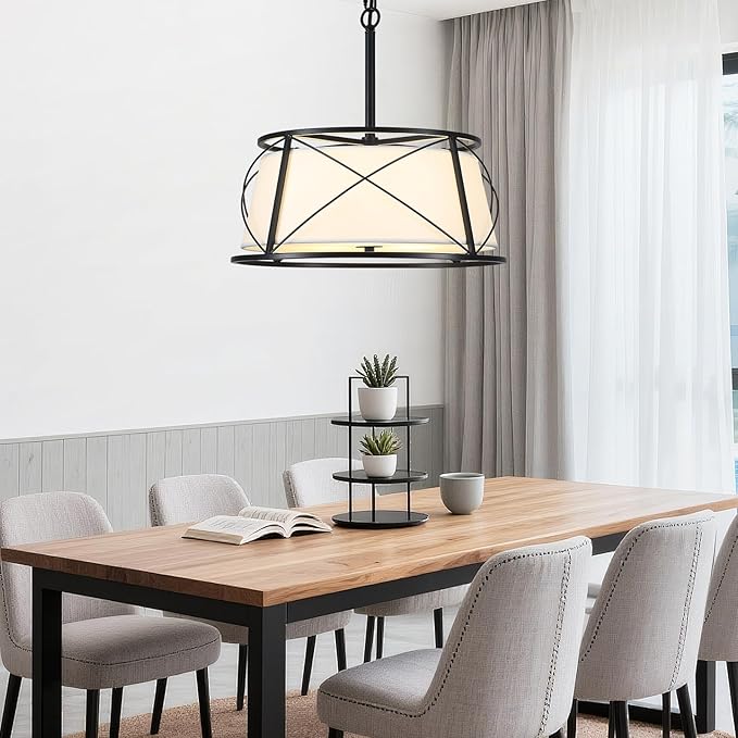 15.7" Drum Chandeliers for Dining Room, Black Modern Chandelier with White Fabric Shade for Bedroom Kitchen Islands Living Room