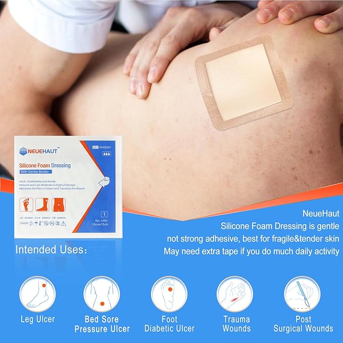 Silicone Foam Dressing with Gentle Adhesive Border 6''x6'', Bed Sore Pressure Ulcer Leg Ulcer Silicone Wound Bandage, High Absorbency Waterproof, 5 Pack by NeueHaut