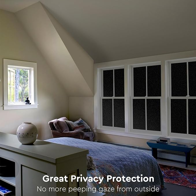 Kromapolis Blackout Window Privacy Film Total Light Blocking Room Darkening Window Covering, Removable Static Cling Frosted Glass Tint, Non-Adhesive, Black 11.8'' x 157.4''