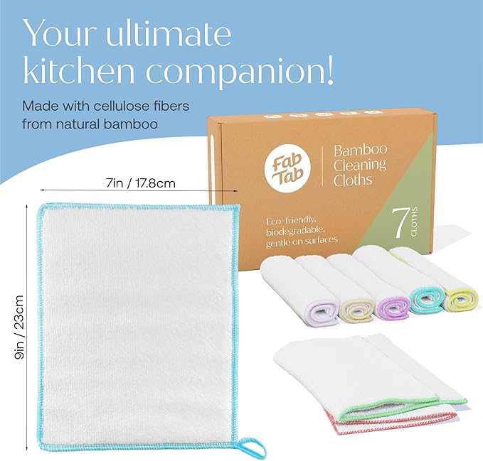 Fab Tab High-Performance Viscose Made from Bamboo Cleaning Cloths - 7 Pack Reusable & Super Absorbent Towels for Household, Kitchen, and Auto Care | Ideal for Dusting and Vehicle Detailing (Small)