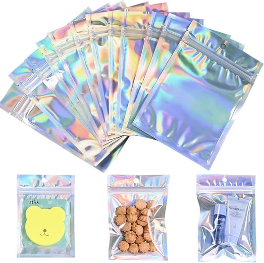 4"X6"120Pcs Resealable Holographic Aluminum Stand Bag for Small Business&Personal, Reusable Smell Proof Mylar Bags with Clear Window Ziploc Foil Pouch for Packaging,Jewelry,Nail Art,Makeup,Candy,Snack