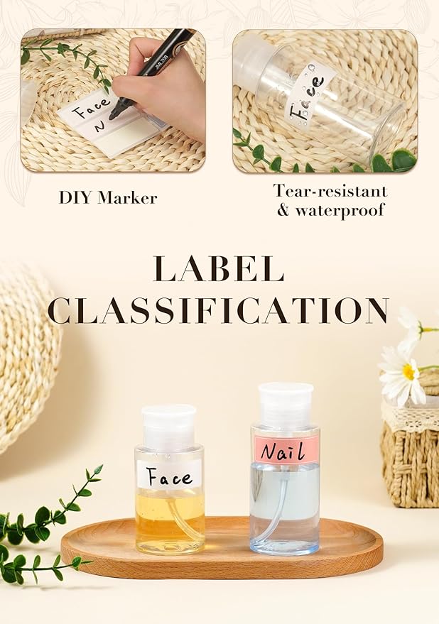 3 Pack Push Down Pump Dispenser, Empty Pump Bottle Dispenser with DlY Lables for Nail Polish, Makeup Remover, Alcohol, Facial Toner 2.03oz/60ML