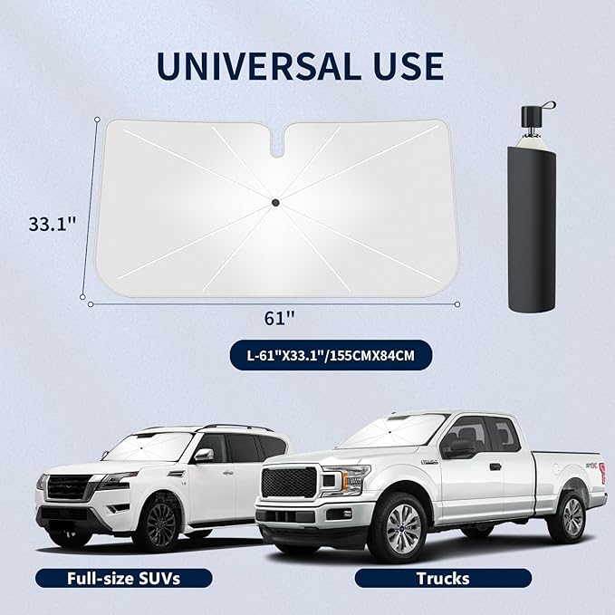 Tecoom Car Windshield Sun Shade Umbrella for Truck Full-Size SUV, Foldable Front Window Visor Sunshade Cover, Double Heat Shield Coating, Protect Automotive Interior from UV Rays, Large 61" L x 33" W