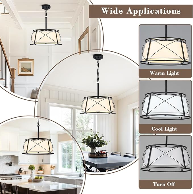 15.7" Drum Chandeliers for Dining Room, Black Modern Chandelier with White Fabric Shade for Bedroom Kitchen Islands Living Room