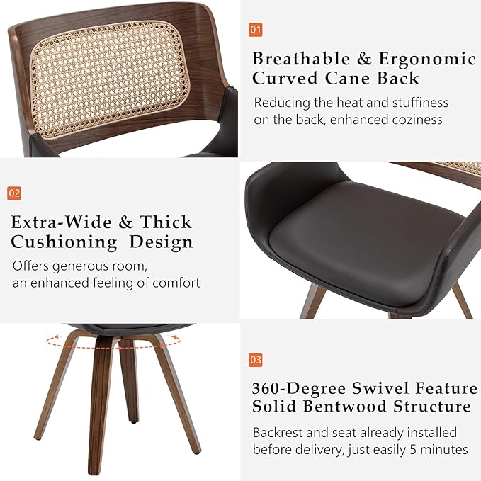 Set of 6 Cane Back Dining Chairs - Swivel Dining Room Chairs with Curved Arms, Ergonomic Cane Back, Walnut Craftsmanship, Versatile for Restaurant/Conference/Kitchen/Living Room (Walnut Brown)