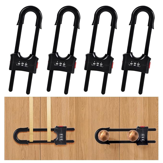4 Pack U-Shaped Sliding Cabinet Locks Multifunctional Child Safety Lock Adjustable Baby Proof Clips for Home Cabinets Refrigerator Doors Cabinet Knobs and Window Handles (Black)
