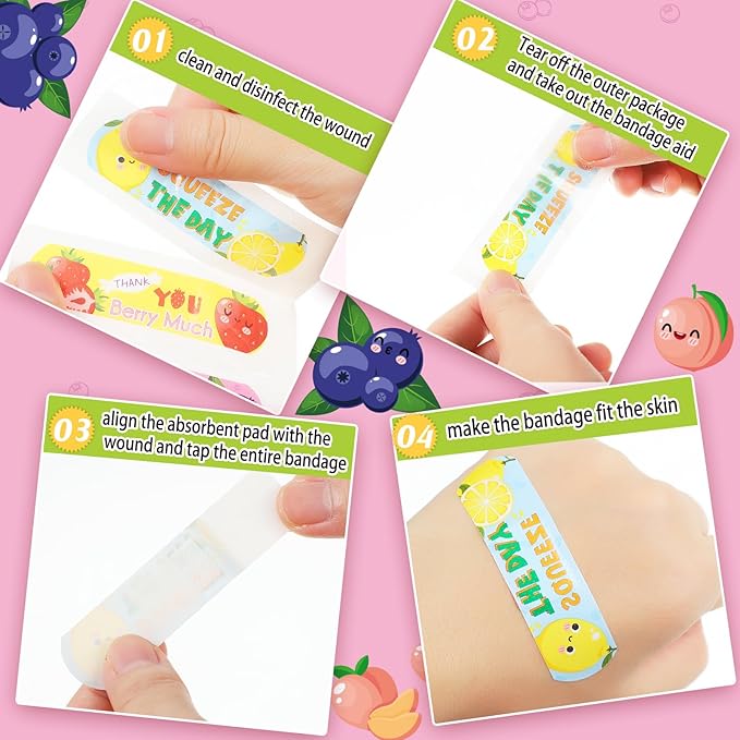 Patelai 300 Pieces Kids Bandages Bulk 10 Styles Children's Adhesive Flexible Colorful Cute Cartoon Bandages Waterproof Breathable Stickers Protection Care Cuts for Girls Boys(Fruit)