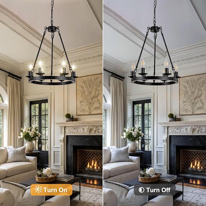Wagon Wheel Chandelier, 6-Light Black Modern Rustic Farmhouse Chandelier Adjustable Height Pendant Kitchen Light for Ceiling Hanging Dining Room, Living Room, Entryways, Foyer