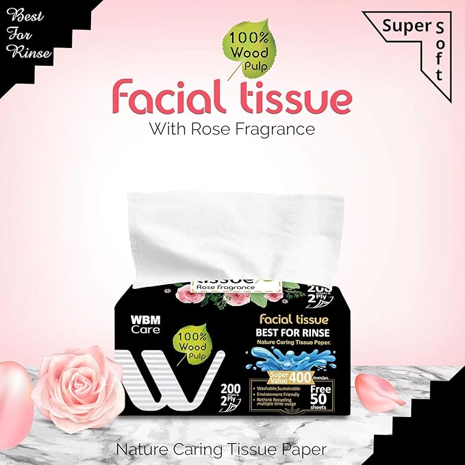 WBM Care Facial Tissues with Rose Fragrance, 200 Sheets per Pack, 20 Packs Totaling 4000 Sheets, Soft, Gentle, Perfect for Daily Use and Sensitive Skin