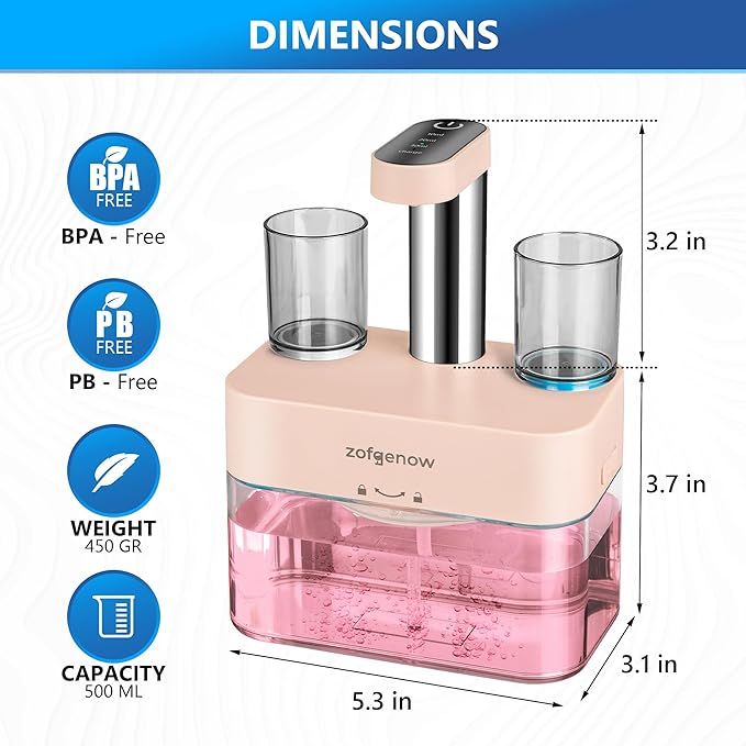Upgraded Automatic Mouthwash Dispenser for Bathroom,Bathroom Accessories 17.6 FlOz Dispensers with Magnetic Cups,Adjustable Dispensing Levels, Pink