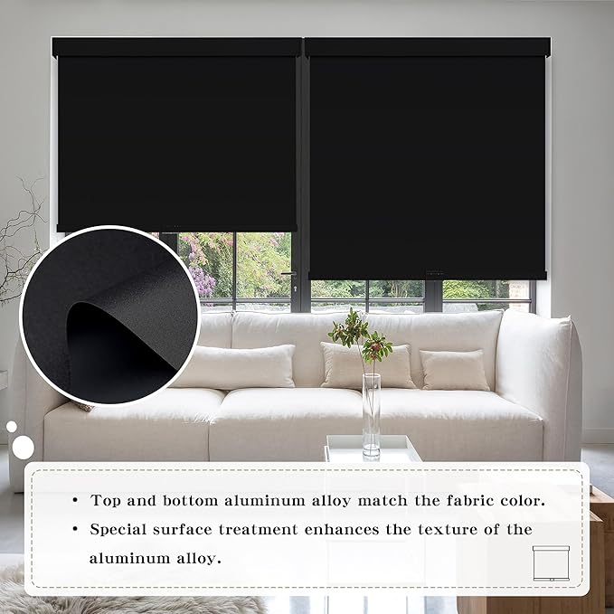 Cordless Blackout Roller Shades Blinds for Windows Free-Stop,Pull Down Room Darkening with Valance,Thermal Insulated Woven Fabric Window Door Blinds for Home,Office,Black 42" W x 72" L