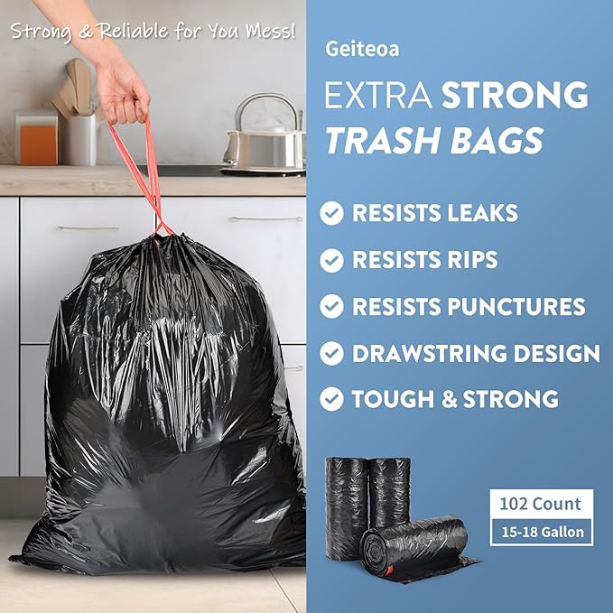 15-18 Gallon Black Trash Bags with Drawstring (102 Count) Fit 16, 17 Gal High Density Large Garbage Bags, Strong Plastic Trash Can Liners for Kitchen Lawn Commercial