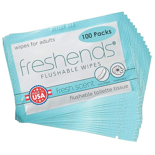 Freshends Flushable Individually Wrapped Wipes – 100 Bulk Pack Luxurious Towelettes, Guest Bathroom Essentials for Weddings, Restaurants, Bars & Clubs – Blue, Travel-Size, Disposable