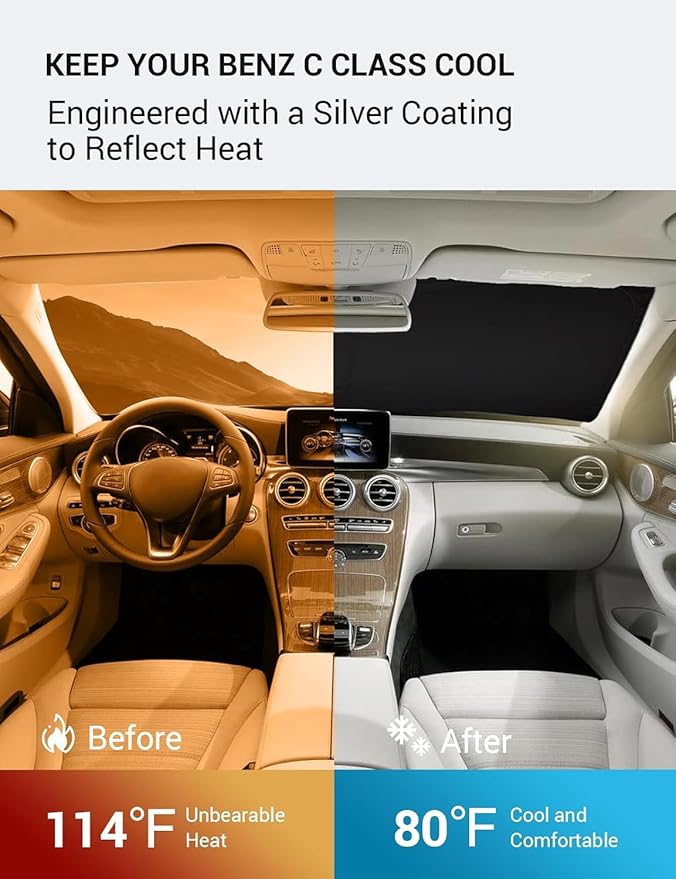 Proadsy 2025 Upgrade Windshield Sun Shade Custom Fit 2008-2014 Benz C Class Foldable Front Sunshade Protector Sun Visor Blocks UV Rays Keep Car Cooler