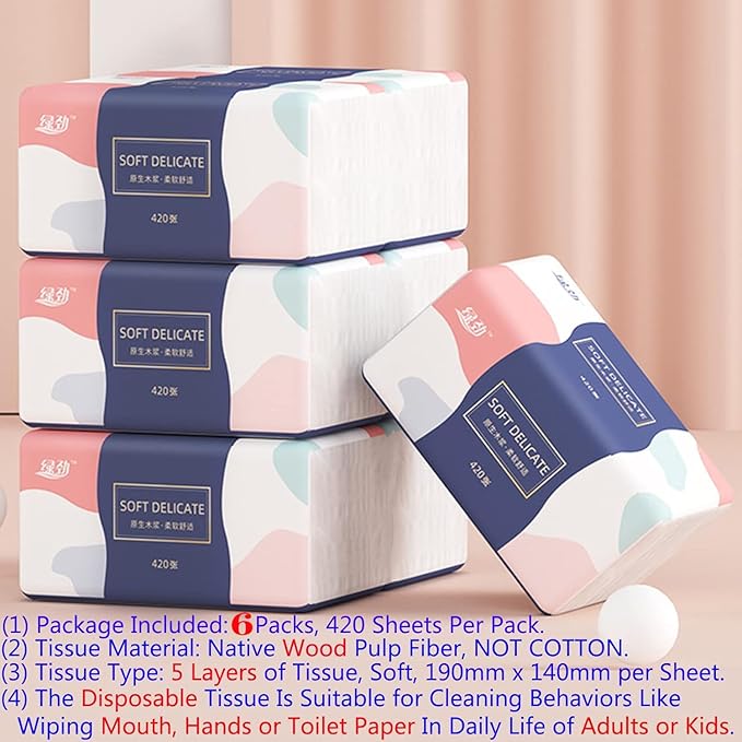 6 Packs Small Disposable Facial Tissues, Facial Napkins, Toilet Paper, Material Native Wood Pulp Fiber NOT COTTON, White Facial Paper, 5-Ply, 420 Sheets per Pack