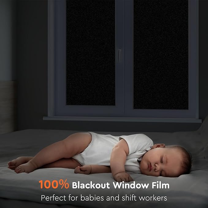 Kromapolis Blackout Window Privacy Film Total Light Blocking Room Darkening Window Covering, Removable Static Cling Frosted Glass Tint, Non-Adhesive, Black 29.5'' x 118.1''