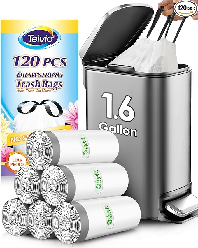 Teivio 1.6 Gallon 120 Counts Strong Drawstring Trash Bags Garbage Bags, Medium Kitchen Trash Can Bathroom Bin Liners, Plastic Trash Bags for Home Office Kitche, White
