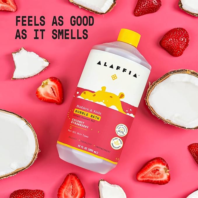 Alaffia Babies and Kids Bubble Bath, Gentle Baby Essentials for Delicate Skin, Cleansing & Calming Bubbles, Plant Based Formula, Vegan, Coconut Strawberry (2 Pack - 32 Fl Oz Ea)