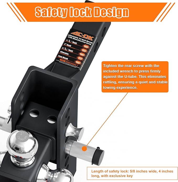 AC-DK Adjustable Heavy-Duty Trailer Hitch Tri-Ball Mount with Tow Hook & Swivel Shackle, Fits 2" Receiver, 4-1/2" Rise/Drop, Includes 1-7/8", 2", & 2-5/16" Balls, Secure Hitch with Locks & Pin
