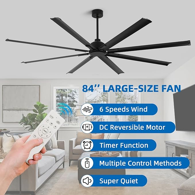 84 Inch Industrial Ceiling Fans without Lights，Large Ceiling Fan with 8 Reversible Aluminum Blades, 6-Speed Remote Control, Home or Commercial Ceiling Fan for Porch，Garage，Shop