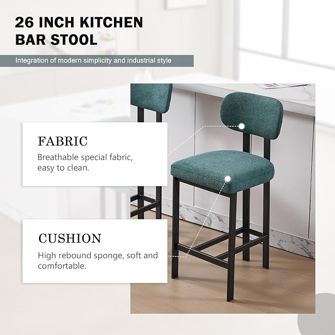 Modern Counter Stools Set of 2, 26" Upholstered Barstools with Back, Sturdy Black Metal Legs Dining Stools with Footrest for Home Pub Kitchen, Green