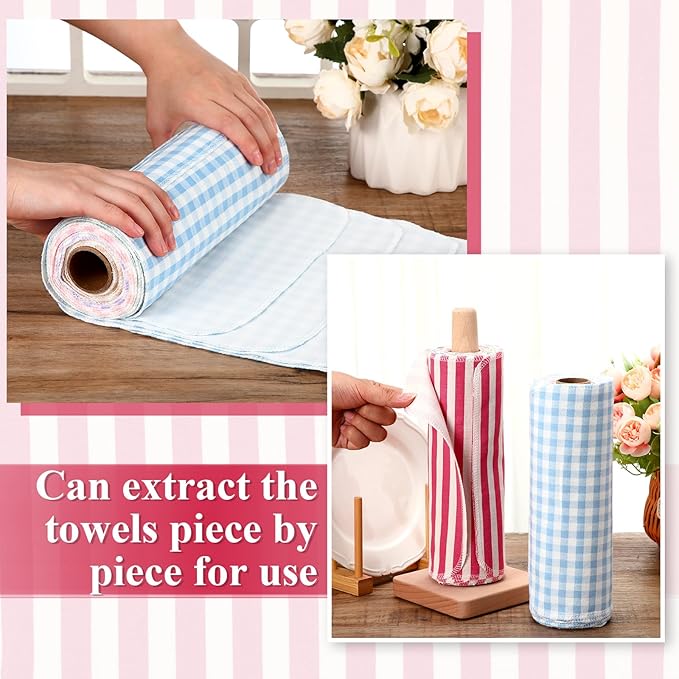 Redbaker 50 Pcs Reusable Paper Towels Paperless Reusable Cotton Cloths Toilet Absorbent Washable Paper Towels with Roll Kitchen Dishcloth for Kitchen Paperless Dishcloths(Streak Style)