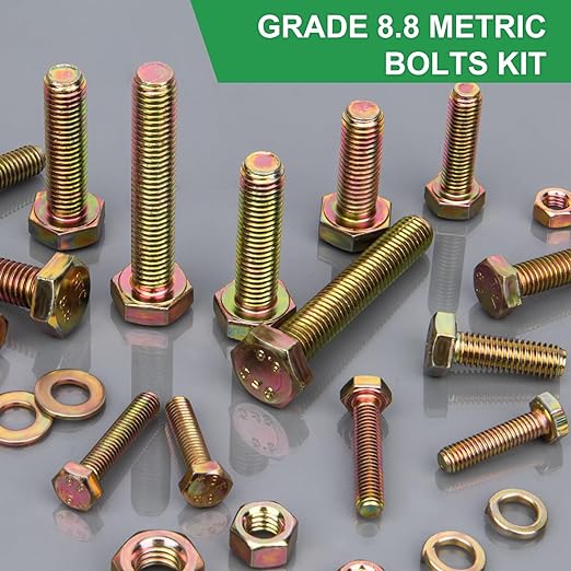 FOLIV 907pcs Grade 8.8 Metric Bolt Assortment, M4 M5 M6 M8 Heavy Duty Bolts and Nuts Kit, Yellow Zinc Plated, Length from 12-30mm