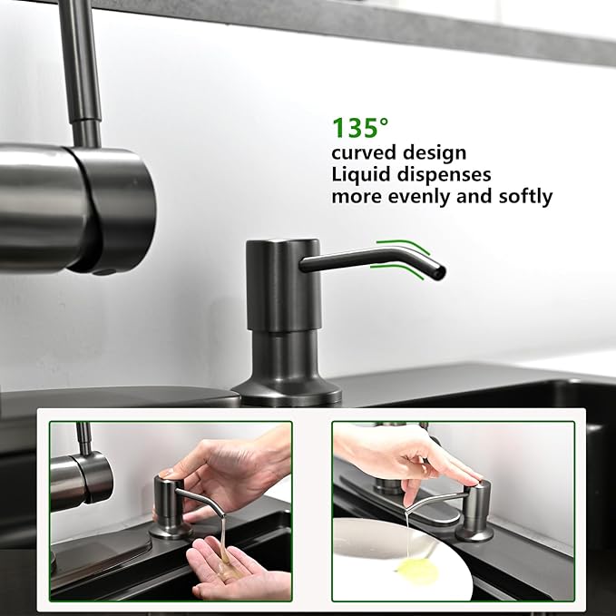 Built in Soap Dispenser for Kitchen Sink, Stainless Steel Gun Gery Countertop Pump Head, Dish Soap Hand Lotion Dispenser with Refillable 17oz Bottle