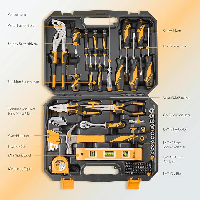 TOLSEN 89-Piece Tool Set Household Tool Kit, Hammer, Screwdrivers, Drill Bits, Socket Wrench, Hex Key, Tape Measure, Plastic Toolbox Storage Case