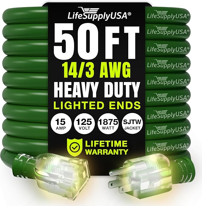 50ft Outdoor/Indoor Extension Cord 14/3 Gauge Heavy Duty 3 Prong SJTW, Waterproof, Flexible Cold-Resistant Long Power Cord,15A 125V 1875W, Green by LifeSupplyUSA