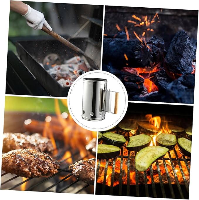 Outdoor Charcoal Chimney Starter Barrel with Heat-Resistant Wooden Handle BBQ Fire Starter for Quick Ignition Suitable for Grilling Camping Tailgate and Outdoor Cooking