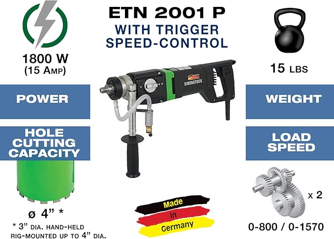 CS Unitec | ETN 2001 P | Wet & Dry Diamond Core Drill. High-Torque, Heavy-Duty, Hand-Held, and Dual-Speed. Ideal for Drilling up to 3” in Diameter in Brick, Concrete, and Asphalt – Made in Germany