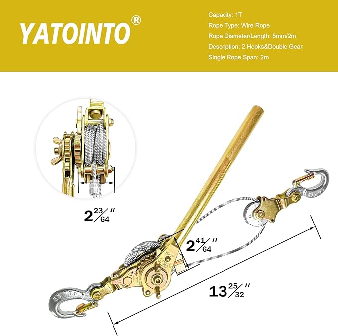 YATOINTOCome Along Winch 1-Ton Heavy Duty with 6.56ft Steel Cable & 2 Hooks - Dual Gear Power Puller Tool for Automotive Hoisting and Construction Lifting