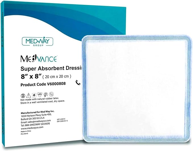 MedVance Super Absorbent Dressing, Dressing Pads for Wound Care, for Pressure Ulcers and 1st/2nd Degree Burns, Superior Moisture Absorbency Bandages, Box of 5 dressings (8"x8")