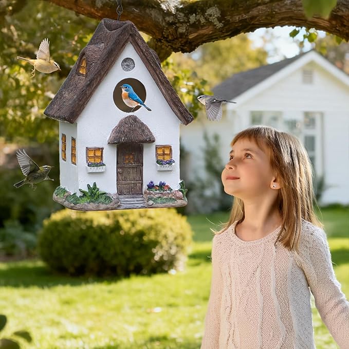 Rustic Cottage Birdhouse with Thatch Roof – Hand-Painted Resin Outdoor Bird House for Small Birds, Weatherproof Garden Decor for Backyard or Patio