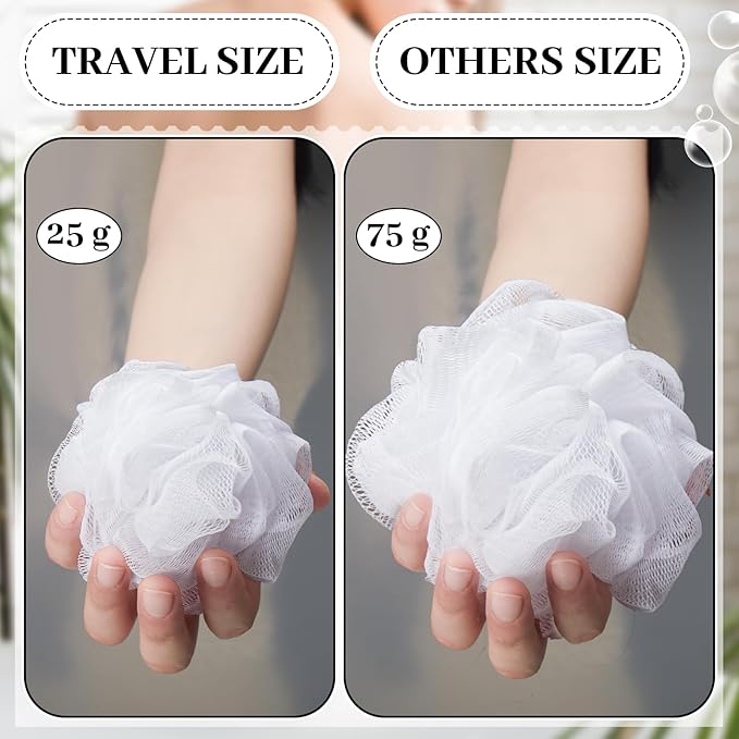 12 Pcs Travel Size Loofah Individually Wrapped, Small Shower Puff Bath Sponge Pouf Ball Bulk Mesh Bath Puff Mini Loofah Sponge with Case Bulk for Shower Care (25g,White)