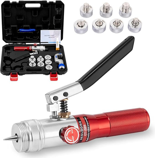 HVAC Swaging Tool Kit – Hydraulic Tube Expander for Copper Pipes, Compact Swage Tool with Tube Cutter, Deburring Tool & 7 Expander Heads (3/8”–1-1/8”) (Red)