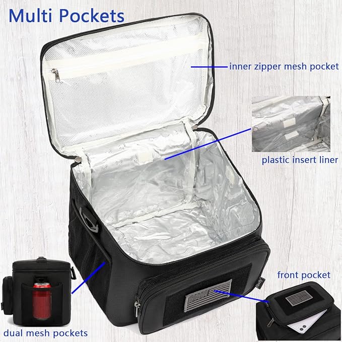 FlowFly Tactical Lunch Bag Large Insulated Lunch Box Cooler Tote for Men, Women with MOLLE/PALS Webbing (Black)