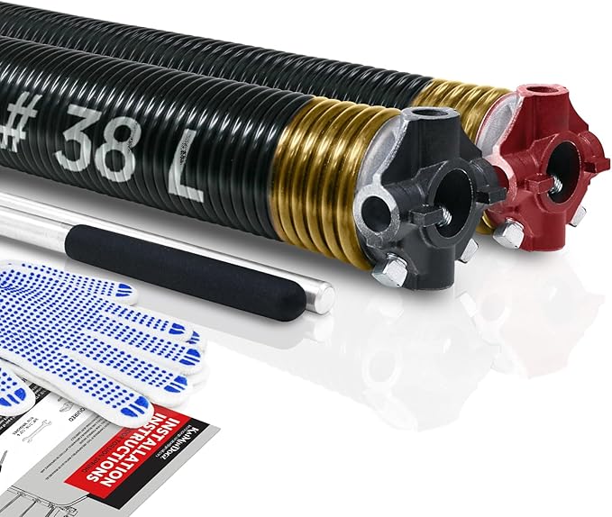 Pair of 2" Garage Door Torsion Springs Set with Non-Slip Winding Bar & Gloves,High Precision Electrophoresis Black Coated, for Replacement & Installation, MIN 16,000 Cycles (0.250x2''x38'')