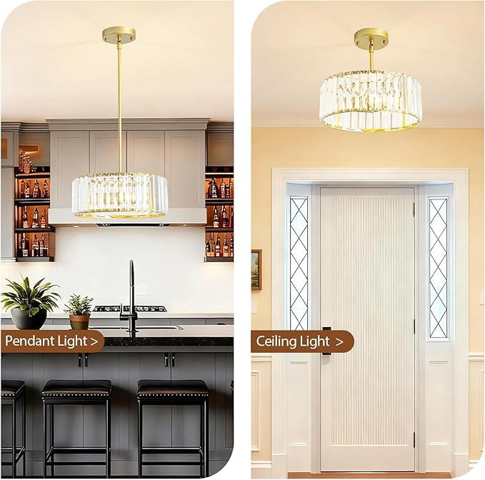 Small Gold Crystal Chandelier,Modern Dining Room Light Fixture Over Table,3-Ligh Round Kitchen Hallway Lighting Fixture, Semi Flush Mount Ceiling Pendant Light for Entryway Foyer, 12''