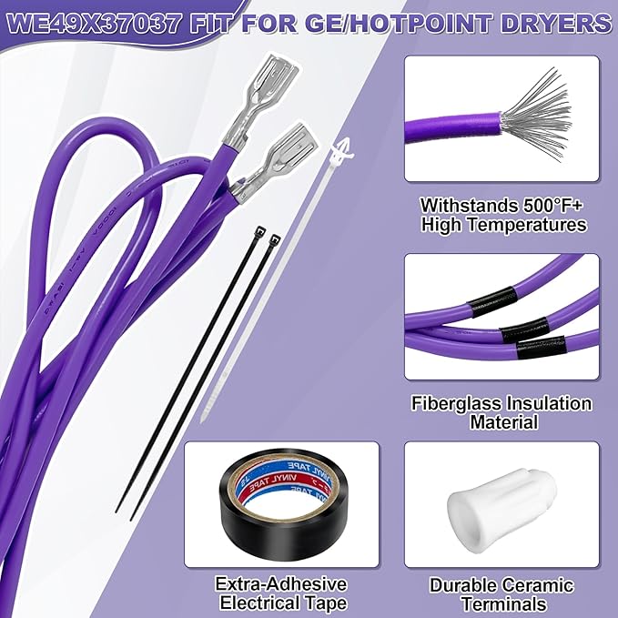 WE49X37037 Dryer Heater Wire Repair Kit Compatible with GE/Hotpoint Dryers Replaces WE49X32946 AP7217217 EAP17137283 PS17137283 PD00084037 with 1x16FT Black Electrical Tape