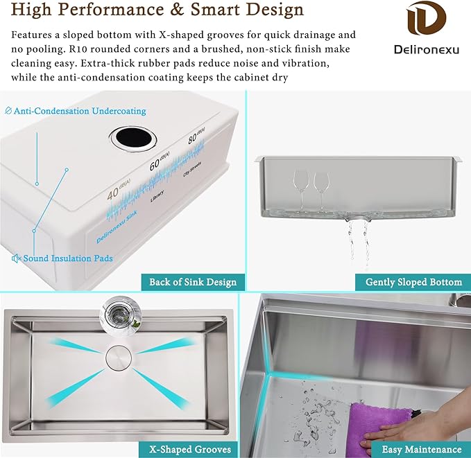 33 Inch Undermount Kitchen Sink Workstation – Delironexu 16 Gauge Undermount Stainless Steel Sink, 33x19 Kitchen sink Single Bowl with 6 Accessories, Multi-Functional Workstation Sinks