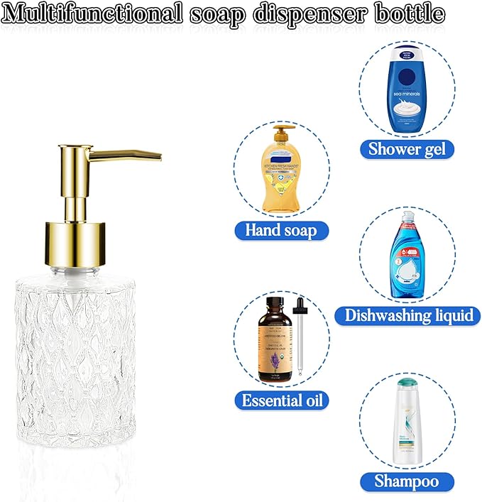 Multipurpose Soap Dispenser Easy to Clean Glass Soap Pump Dispenser Ideal for Bath and Bathroom (Gold)