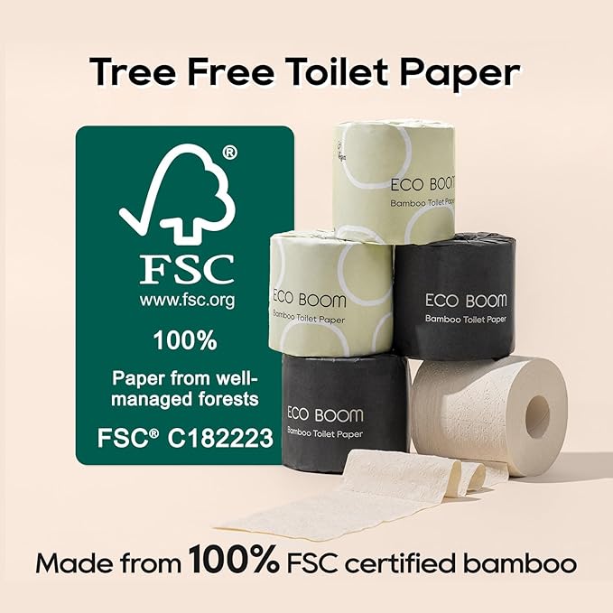 ECO BOOM Toilet Paper 100% Bamboo 3-fly, Tree Free & Chemical Free Packaging, 24 mega Rolls, 360 Sheets｜PFAS Free, BPA Free, Septic Safe & FSC Certified