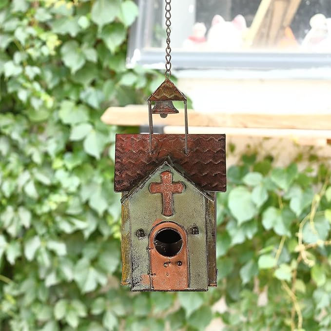 Bird Houses for Outside, Metal Hanging Church Birdhouse
